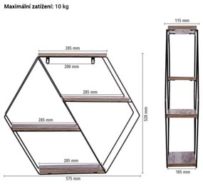 STILISTA Raft hexagonal de perete,lemn întunecat 51x58x11 cm