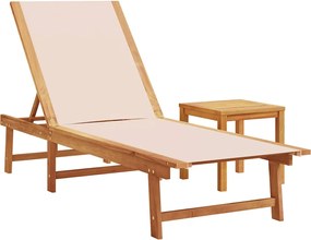 vidaXL Șezlong, crem, cu masă, lemn masiv acacia și textilenă