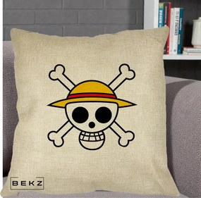 Perna Personalizata One Piece Jolly Roger Straw Hat Pirates, 40x40 cm, Crem, Husa Detasabila, Perna Inclusa, BEKZ®