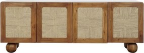 Bufet TV din lemn de acacia, maro, cu 4 uși cu panouri din ratan împletit și picioare sferice, 60 x 165 x 45 cm, „Savanah”