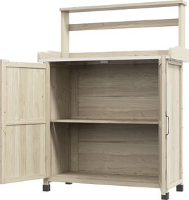 Outsunny Masă de transplant masă de grădinărit dulap și rafturi și blat tălpi antiderapante 90,5x41x124,5cm lemn natural | Aosom Romania