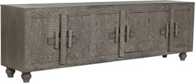 Comodă TV sculptată lungă din lemn masiv, gri, cu 6 uși, 3 rafturi și zăvoare din lemn, finisaj patinat, 61 x 200 x 40 cm, „Arvane”