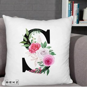 Cadou Personalizat - Perna Personalizata Monograma Florala Litera S, 40x40 cm, Alb Pufos, Husa Detasabila, Perna Inclusa, BEKZ®