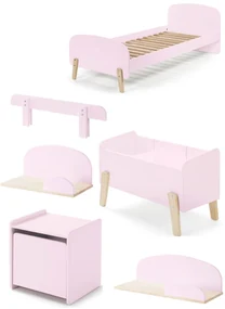 Această combinație KIDDY în roz constă dintr-un pat (90x200), noptieră, 2 rafturi de perete (45 și 65 cm), bară de siguranță și cutie de jucării.