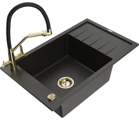 Mexen Elias chiuvetă granit 1-cameră cu picurător și baterie de bucătărie Duo, negru/auriu metalic - 6511-75-671701-57-G
