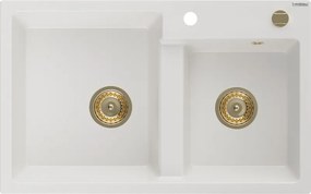 Mexen Tomas chiuvetă de bucătărie din granit cu 2 compartimente 800 x 500 mm, albă, sifon auriu - 6516802000-20-G