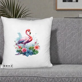 Perna Decorativa Flamingo cu Flori Tropicale Acuarela, 40x40 cm, Alb Pufos, Husa Detasabila, Perna Inclusa, BEKZ®