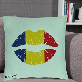Perna Personalizata Buze Tricolor Romania, 40x40 cm, Verde Menta, Husa Detasabila, Perna Inclusa, BEKZ®