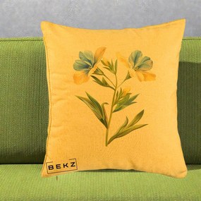 Perna Decorativa Botanica Frezie Galbena si Albastra, 40x40 cm, Galben, Husa Detasabila, Perna Inclusa, BEKZ®