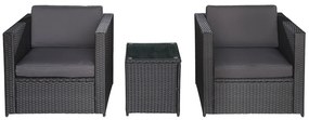 Outsunny Set Mobilier de Gradina din Ratan PE de 3 Piese cu 2 Fotolii de Exterior, Masuta pentru Cafea cu Sticla si Perne, Negru