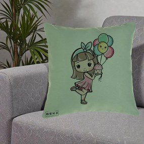 Perna Decorativa Fetita Kawaii cu Baloane si Cupcake, 40x40 cm, Verde, Husa Detasabila, Perna Inclusa, BEKZ®