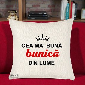 Cadou pentru Bunica - Perna Personalizata Cea Mai Buna Bunica Din Lume Coroana Neagra, 40x40 cm, Crem Reliefat, Husa Detasabila, Perna Inclusa, BEKZ®