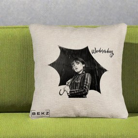 Perna Personalizata Wednesday Addams cu Umbrela Foto, 40x40 cm, Bej Canapea, Husa Detasabila, Perna Inclusa, BEKZ®
