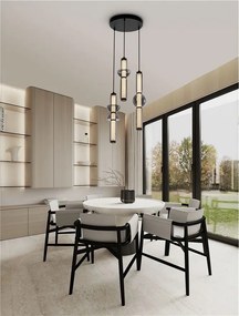 Lustra moderna cu 3 pendule LED, Metal, Negru, Sticla, Fumurie, Ulon