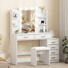 HOMCOM Masă de machiaj cu oglindă iluminată și taburet tapițat, set de machiaj cu 6 sertare și rafturi, Alb | Aosom Romania