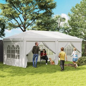 Outsunny Cort 6x3 m pliabil din otel si material Oxford, cort pentru gradina cu 6 pereti laterali, franghii si carlige, alb