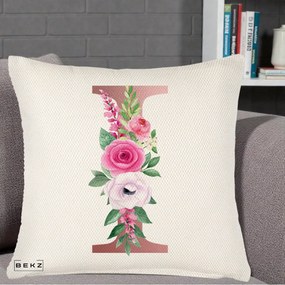 Cadou Personalizat - Perna Personalizata Monograma Rose Gold Litera I, 40x40 cm, Crem Reliefat, Husa Detasabila, Perna Inclusa, BEKZ®