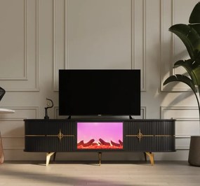 Comoda TV cu șemineu electric și riflaje, boxe Bluethooth, telecomandă, Negru/Auriu, 180x40x50cm