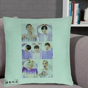 Perna Personalizata K-pop BTS Colaj 7 Portrete cu Inimi Lila, 40x40 cm, Verde Menta, Husa Detasabila, Perna Inclusa, BEKZ®