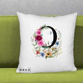 Cadou Personalizat - Perna Personalizata Monogram Litera O cu Flori Acuarela, 40x40 cm, Alb Pufos, Husa Detasabila, Perna Inclusa, BEKZ®