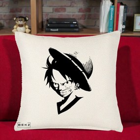 Perna Personalizata One Piece Luffy Silueta Alb-Negru, 40x40 cm, Crem Reliefat, Husa Detasabila, Perna Inclusa, BEKZ®