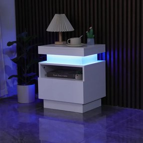 Noptieră cu un sertar și spațiu intermediar, iluminare LED, telecomanda, Alb, 45x35.5x52 cm
