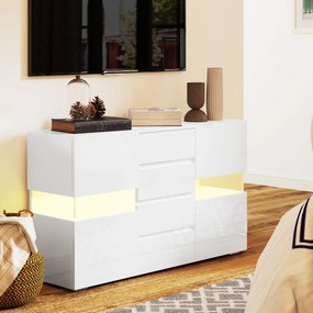 HOMCOM Bufet cu Lumini LED Reglabile prin Telecomandă, Mobilier de Sufragerie cu 4 Sertare și 2 Dulapuri, 120x34x70 cm, Alb | Aosom Romania