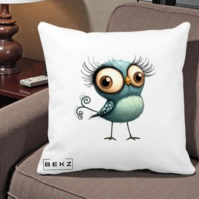 Perna Decorativa Pasare Teal cu Gene si Coada Spiralata, 40x40 cm, Alba Mata, Husa Detasabila, Perna Inclusa, BEKZ®
