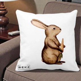 Perna Decorativa Iepuras Acuarela cu Morcov, 40x40 cm, Alba Mata, Husa Detasabila, Perna Inclusa, BEKZ®