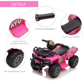 HOMCOM ATV Eletric pentru Copii 18-36 Luni cu Baterie Reincarcabila 6V, Mini ATV pentru Copii din Metal si PP, 70x42x45 cm, Roz | Aosom Romania