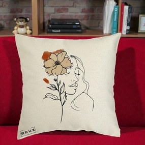 Perna Decorativa Portret Feminin Floare Bej Terracotta, 40x40 cm, Ecru, Husa Detasabila, Perna Inclusa, BEKZ®