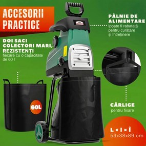 Tocător de grădină DIOX + 2x sac de 60 l, 3100W negru/verde Gardebruk