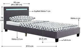 Čalúnená posteľ Verona 90 x 200 cm s LED osvetlením v tmavosivej farbe