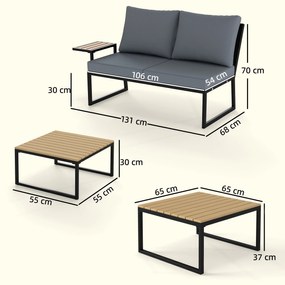 Outsunny Set mobilier de grădină în formă L, cadru metalic, pentru 4 persoane, lounge cu canapea 2 locuri și perne, 2 măsuțe suprapuse, Teak | Aosom Romania