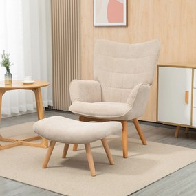 HOMCOM Fotoliu cu Taburet pentru Cameră sau Living din Catifea cu Model Crestat , Spătar Înalt și Brațe, 72x80x101 cm, Bej | Aosom Romania