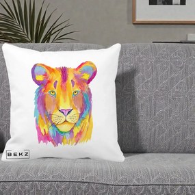 Perna Decorativa Leu Acuarela Curcubeu, 40x40 cm, Alba Mata, Husa Detasabila, Perna Inclusa, BEKZ®