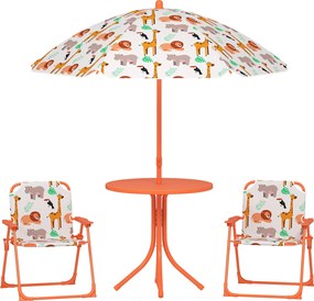 AIYAPLAY Set de Grădină pentru Copii, Masă și Scaune cu Umbrelă, Masă de Picnic pentru Exterior cu 2 Scaune Pliabile pentru Copii de 2-5 Ani, Portocaliu | Aosom Romania