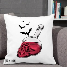Perna Decorativa Halloween Craniu-Sticla cu Lilieci, 40x40 cm, Alba Mata, Husa Detasabila, Perna Inclusa, BEKZ®