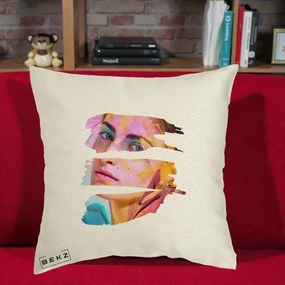 Perna Decorativa Portret Femeie Fragmentat Colorat, 40x40 cm, Ecru, Husa Detasabila, Perna Inclusa, BEKZ®