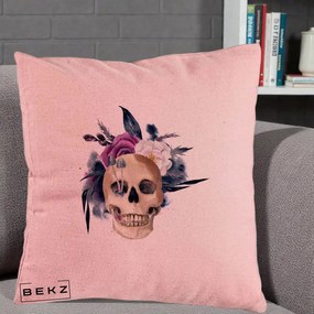 Perna Decorativa Craniu Floral cu Trandafiri si Ciuperci, 40x40 cm, Roz, Husa Detasabila, Perna Inclusa, BEKZ®
