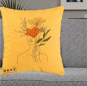 Perna Decorativa Portret Feminin Coroana Florala, 40x40 cm, Galben, Husa Detasabila, Perna Inclusa, BEKZ®