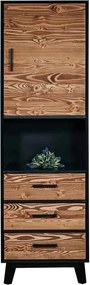 Vitrină lemn masiv Timeless 3 Sertare 1 Ușă 1 Nișă Negru, 55 × 45 × 190 cm - Usă de sticlă