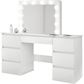 Masa de toaleta/machiaj, alb lucios, cu oglinda si LED-uri, Vanessa, 130x43x143 cm