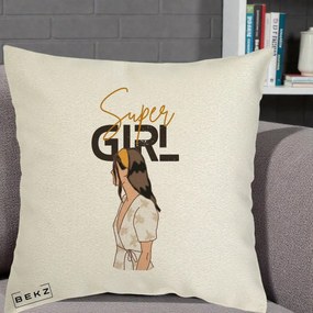 Perna Decorativa Super Girl Aesthetic, 40x40 cm, Ecru, Husa Detasabila, Perna Inclusa, BEKZ®
