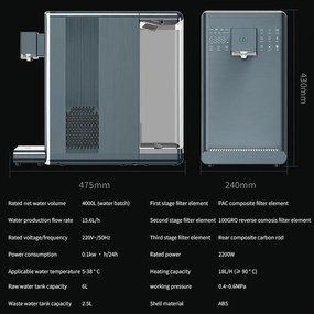 Dispenser de apă ELIXIR Pro Plus, 2200 W, încălzire 18 l/h, 42-90 °C, sterilizare UVC, afișaj, filtrare în mai multe etape, cu compresor, gri-albastru/grafit