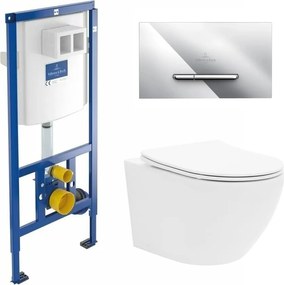 Rezervor WC cu cadru incastrat Villeroy&Boch 112 cm cu clapeta ViConnect crom plus vas WC Rune Ivaldi alb cu capac softclose