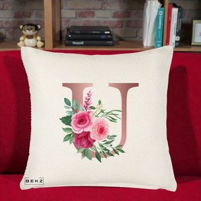 Cadou Personalizat - Perna Personalizata Monograma Rose Gold Litera U, 40x40 cm, Crem Reliefat, Husa Detasabila, Perna Inclusa, BEKZ®