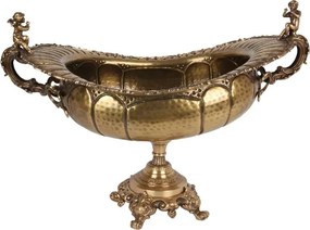 Bol de servire oval din alamă lucrată manual, auriu, pe picior, cu mânere cu îngeri, centru de masă monumental, finisaj periat, 52 x 75 x 41 cm,