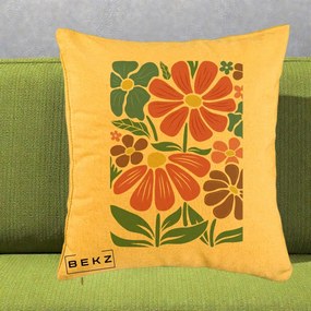 Perna Decorativa Flori Grafice Colorate Retro, 40x40 cm, Galben, Husa Detasabila, Perna Inclusa, BEKZ®