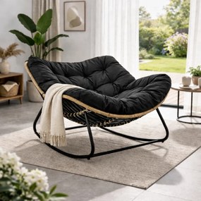 Scaun balansoar pentru interior si exterior, sezlong tip ou cu pernă captusita, cadru metalic, Negru